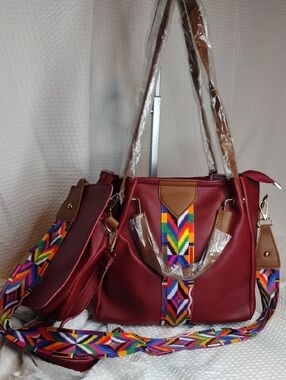 Aztec Layla Burgundy Tote Bag 5 Piece Set with Multicolor Strap